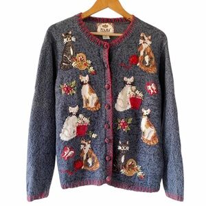 Vintage TIARA INTERNATIONAL Embroidered Cat Cardigan Sweater Y2K 2003 Est. Large